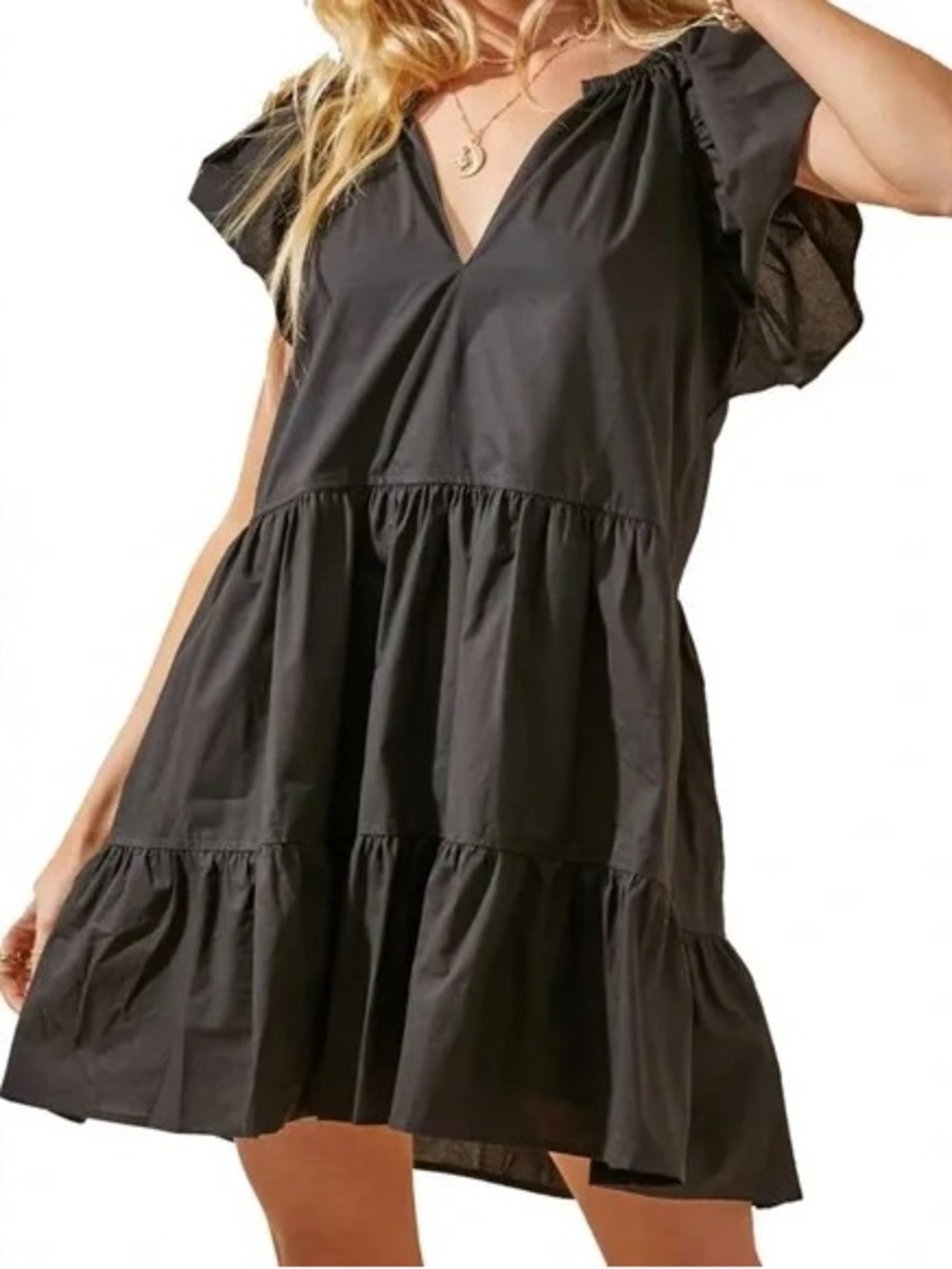 Day + Moon Black Tiered Babydoll Dress Large Cotton Flutter Sleeve Boho Mini
